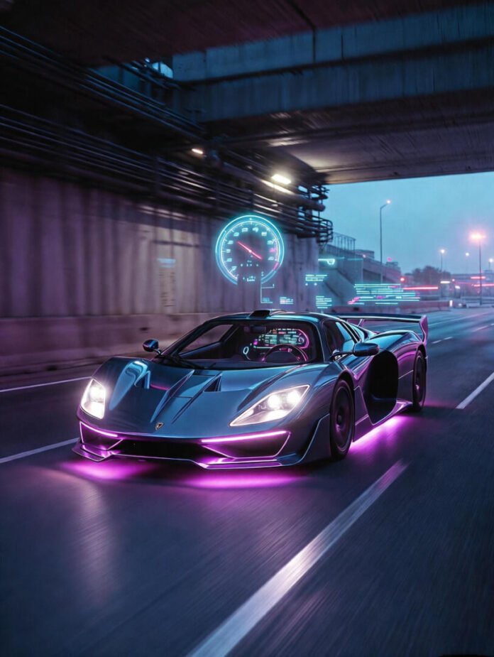 supercar with glowing neon underlights racing through