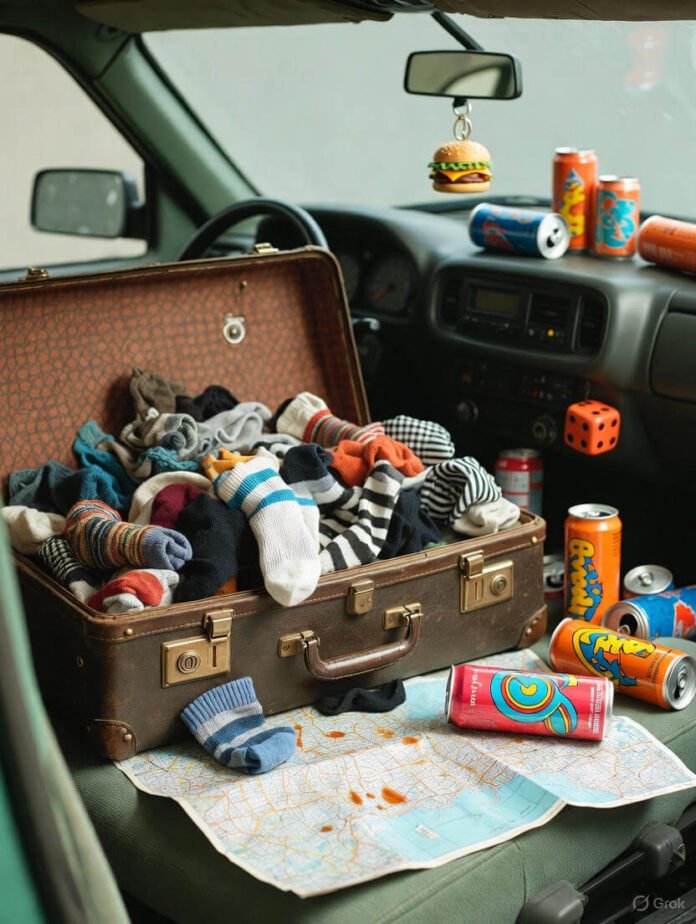 Consider these elements: an overstuffed duffel bag spilling