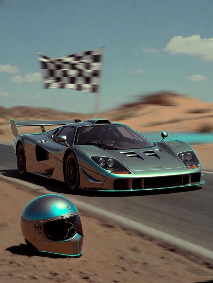 sleek hypercar blurring past at insane speed on a desert runway,