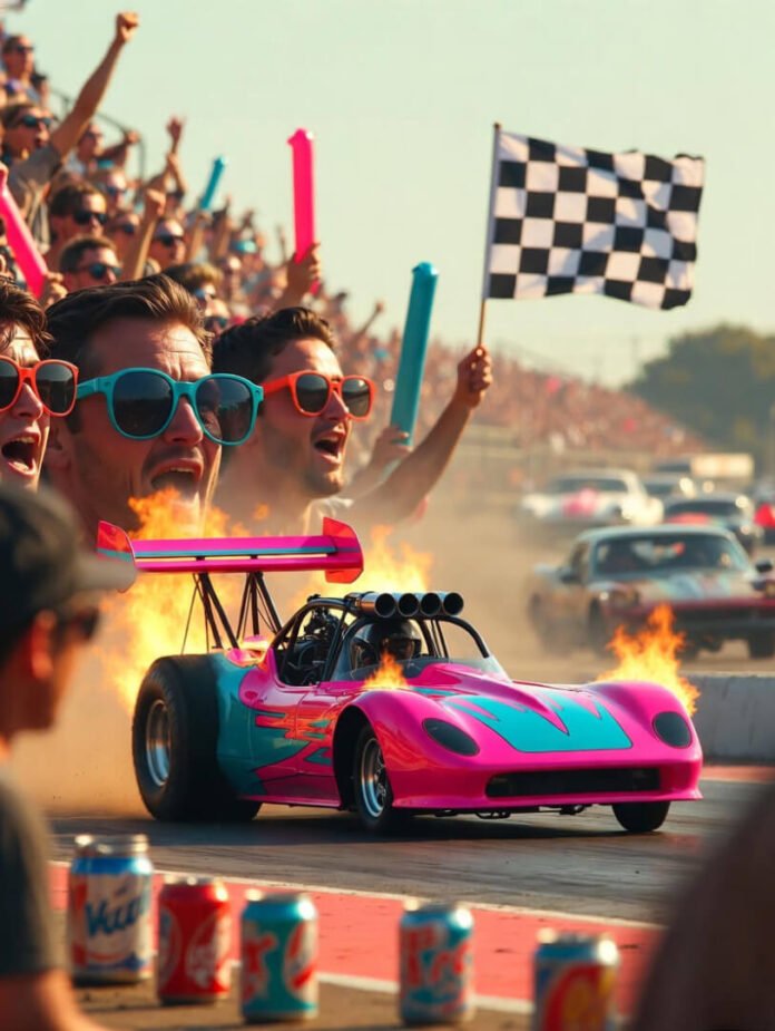 roaring dragster launching with massive burnout flame