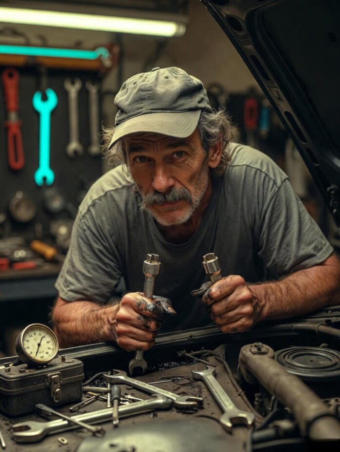 rugged, oil-stained toolbox spilling wrenches and a vintage tire gauge