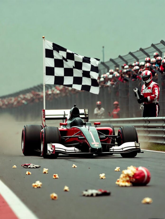 crossing the checkered flag with scattered popcorn kernels on the track